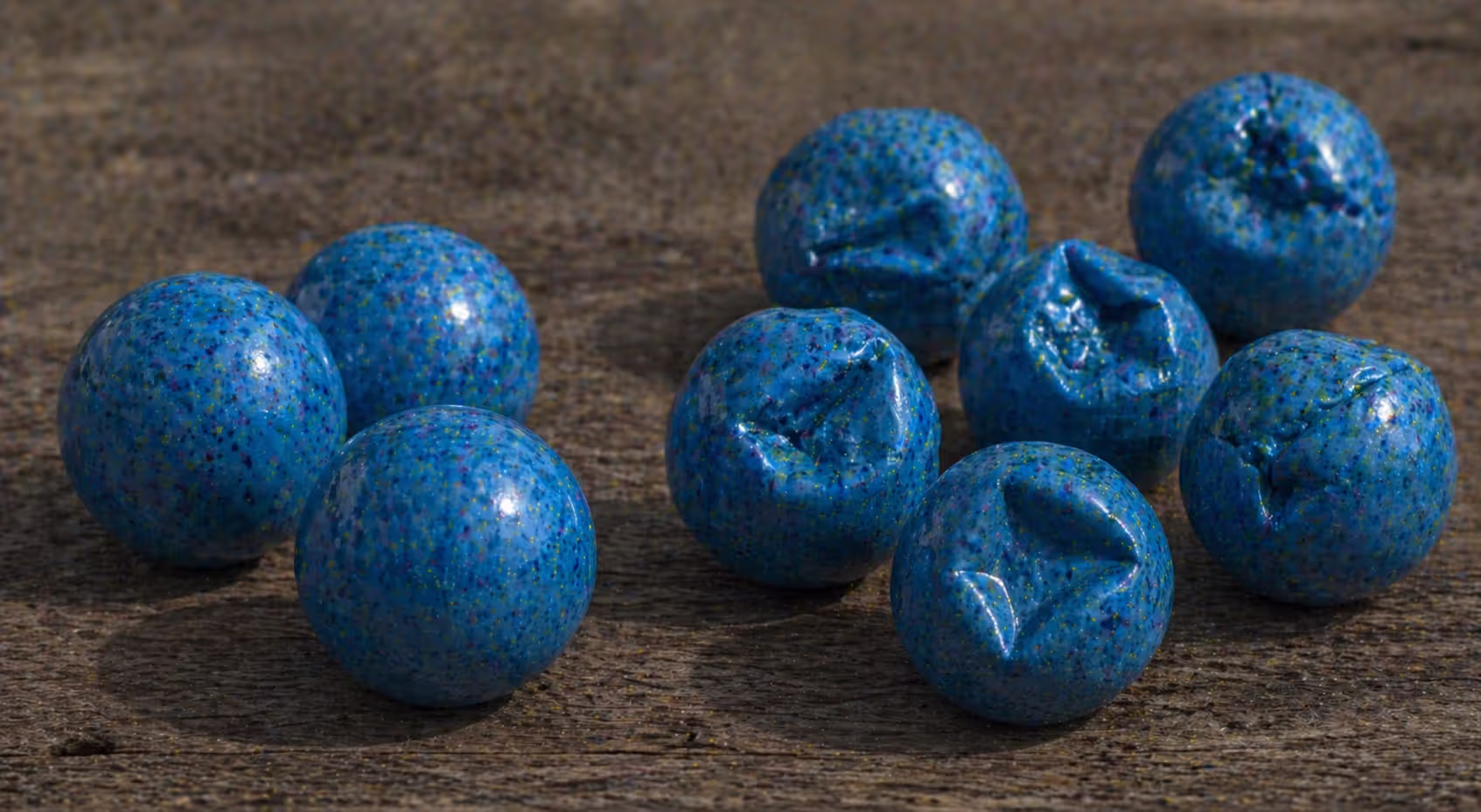 paintballs showing defects like dimpling and deformation