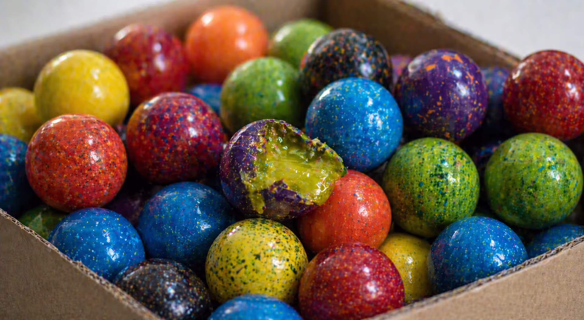 close up of paintballs with one broken showing internal fill