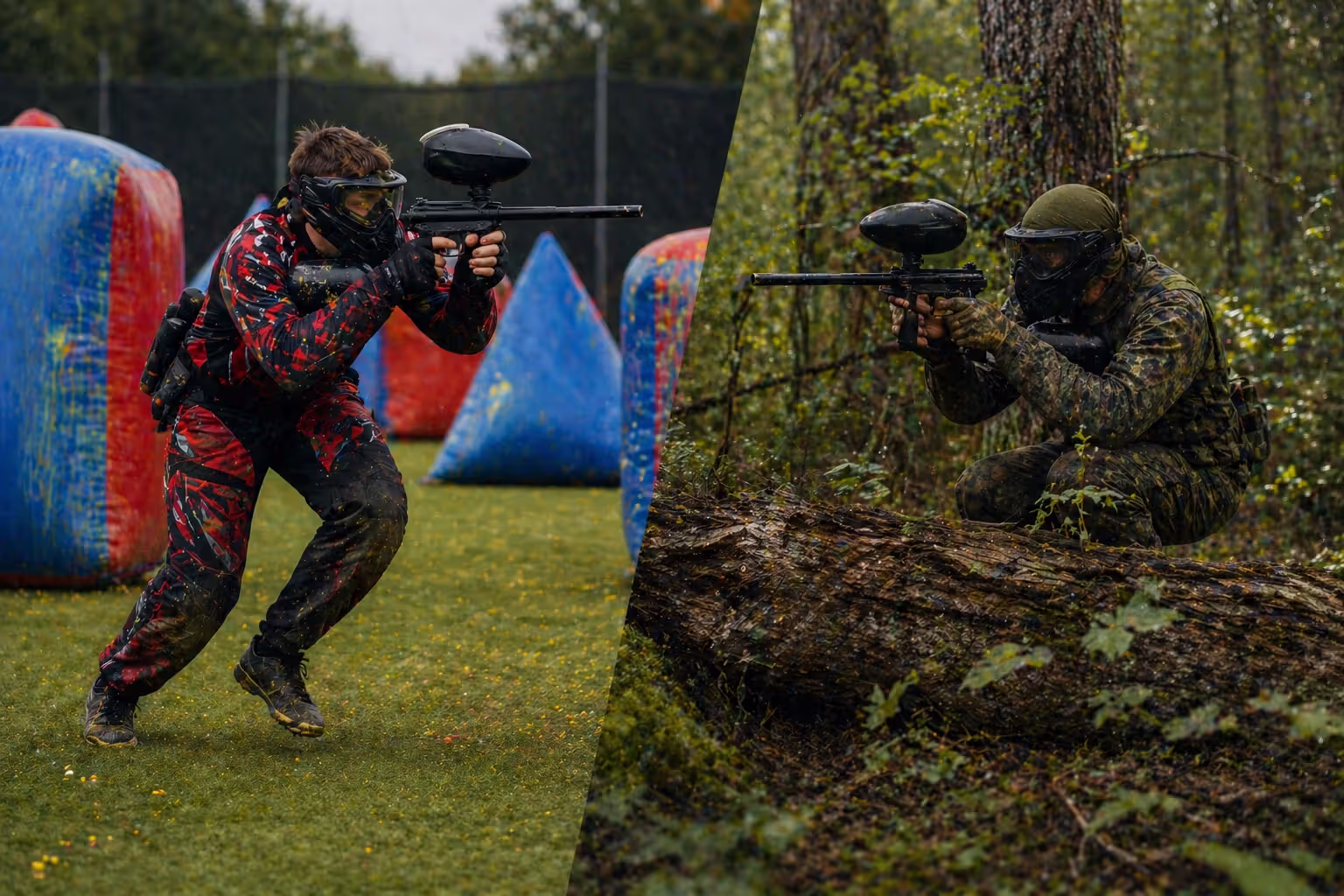 speedball and woodsball players showing different play styles