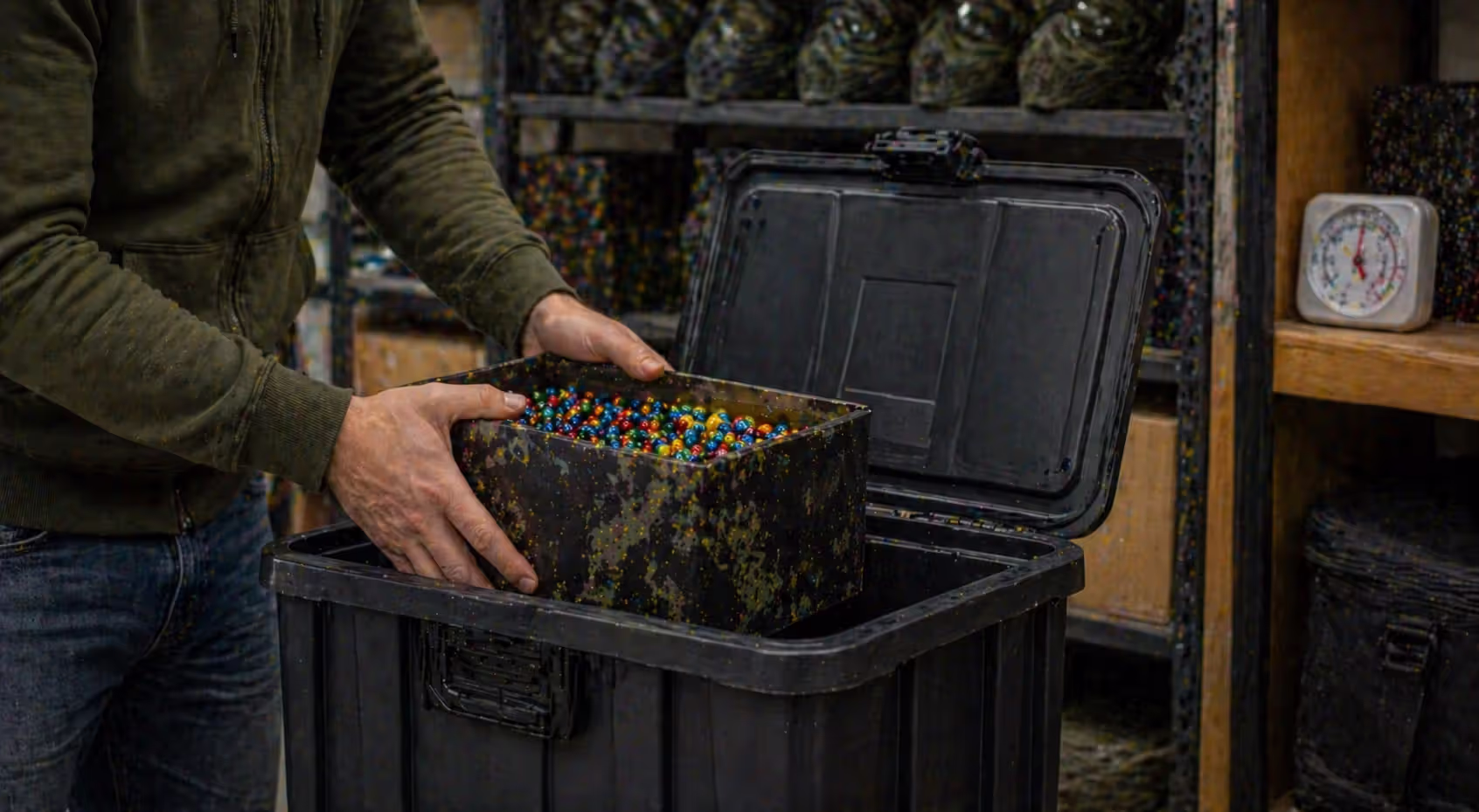 storing paintballs in controlled environment with temperature and humidity
