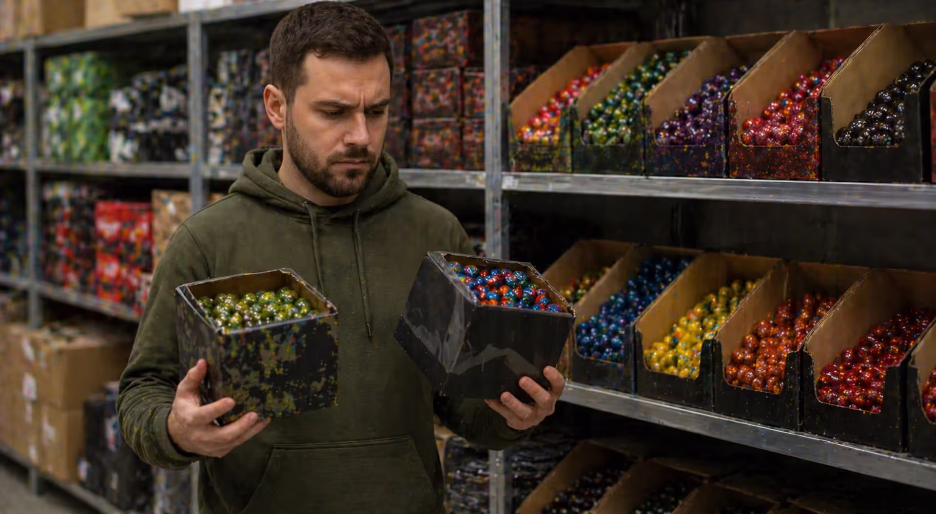 person comparing different paintball brands before purchase