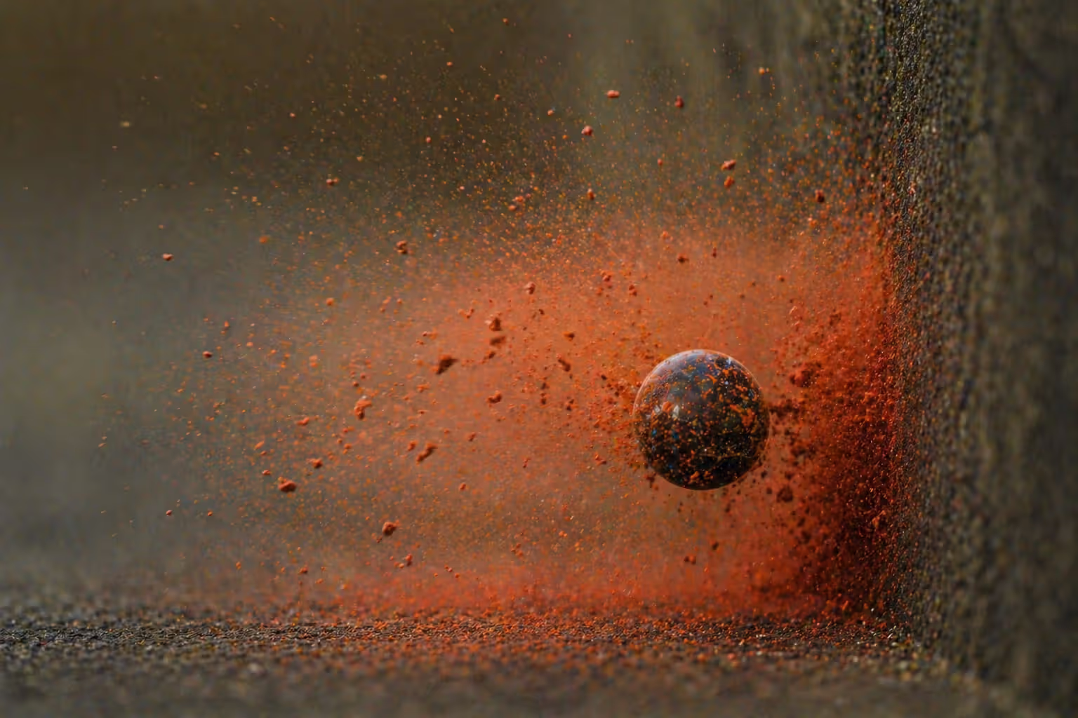 pepper ball impact releasing powder cloud on surface