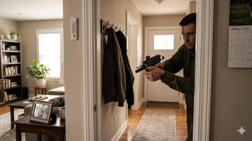 person holding pepper ball launcher in home defense position