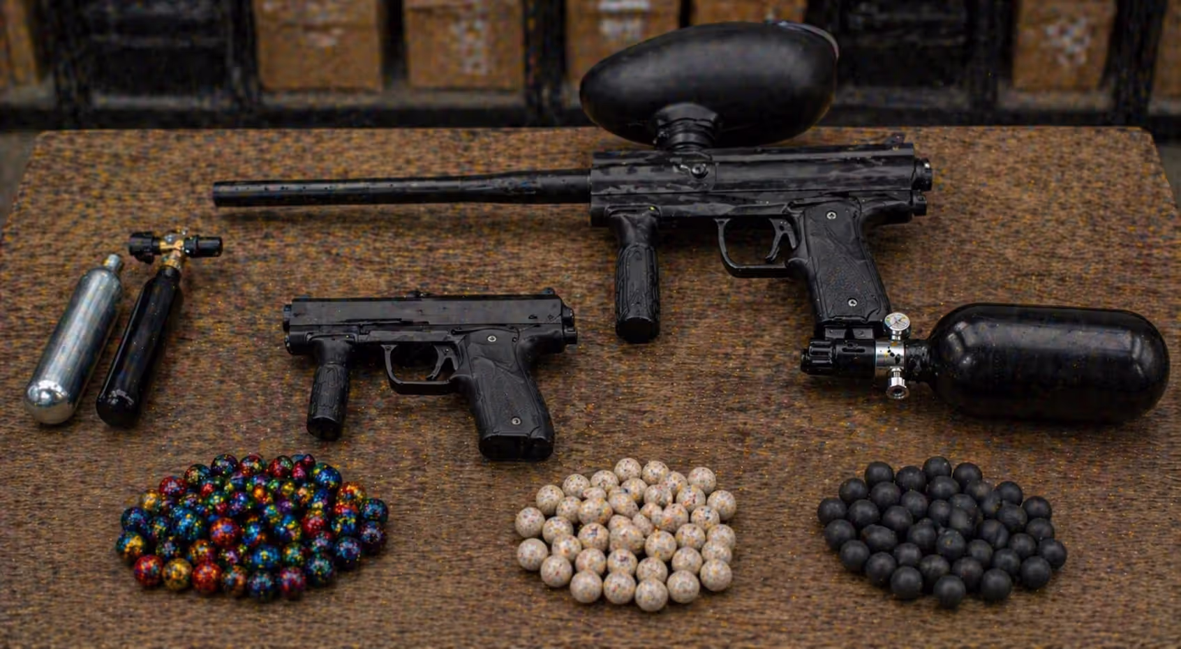 comparison of pepper ball pistol and larger launcher with equipment