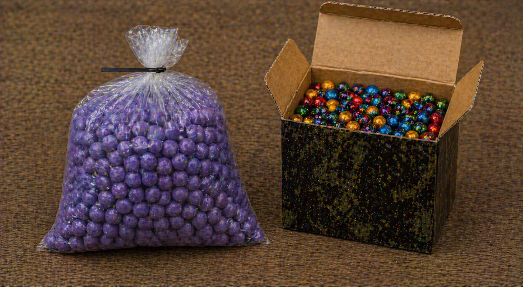 comparison of practice and tournament paintballs in different packaging