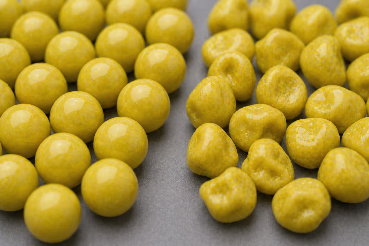 high quality round paintballs compared to deformed low quality ones