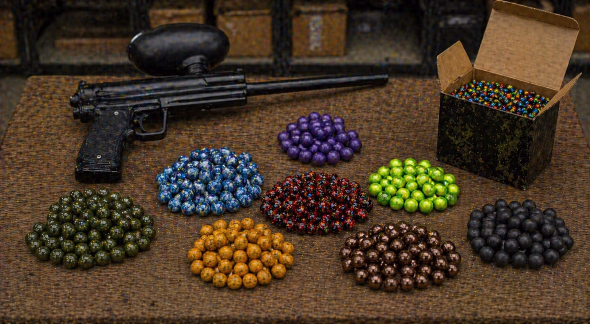 different types of paintballs and gear laid out showing variety and selection